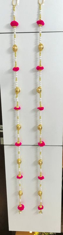 Anicca Collections Handmade Wall Door 6 FT.2 Strings Dark Pink Pom Pom with white Pearl Golden Beads Hanging Torans Garland Bandhwar Decoration Item for Home Décor Diwali Festival, Navratri, Wedding (6 FT 2 Strings) Toran  (Wool, White Pearl)