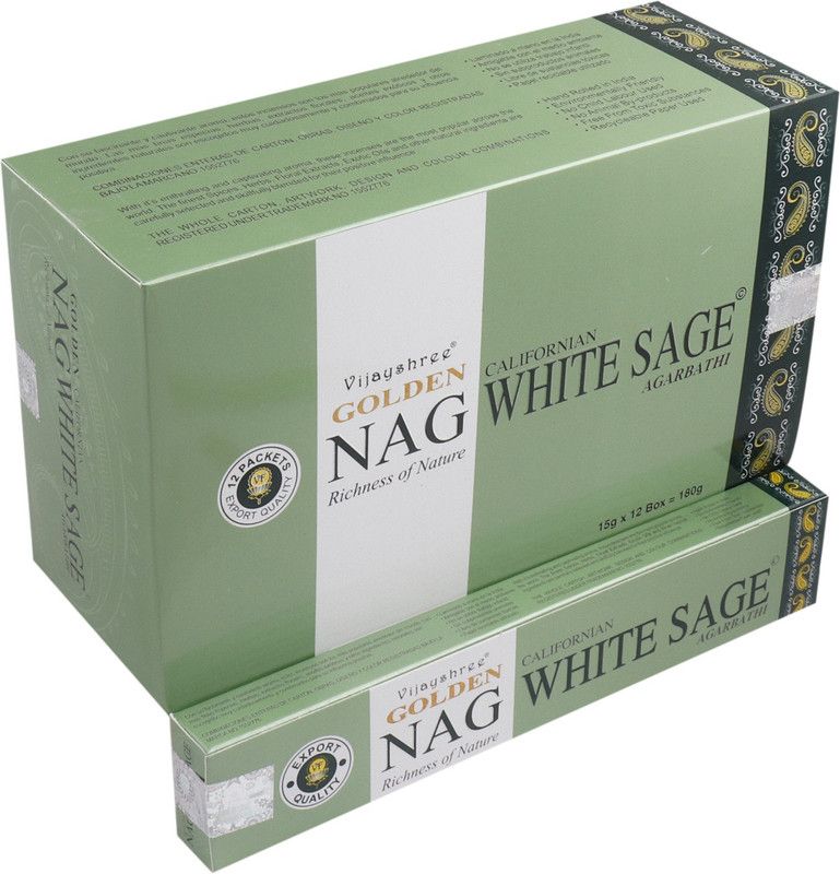 vijayshree golden Nag White Sage (12 pkt of 15gm each) Natural Incense stick / Agarbatti with Wooden incense/agarbatti stand with brass work. White Sage  (15, Set of 12)