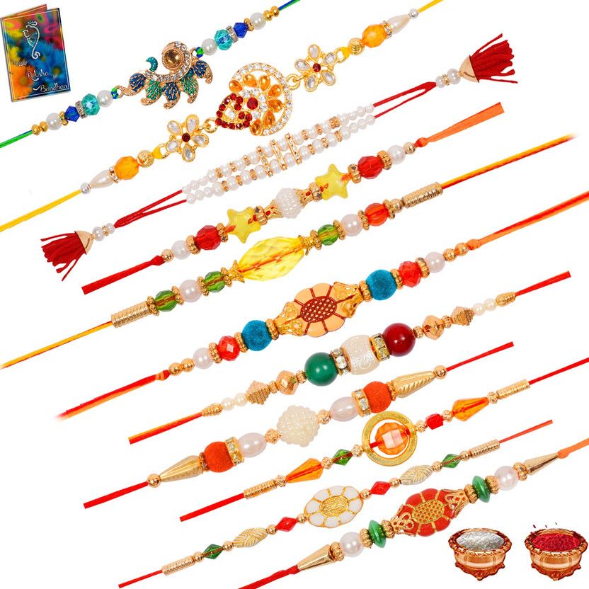 Rakhi, Chawal Roli Pack, Greeting Card Set  (10 Rakhi, 1 Small Greeting Card With RoliChawal)