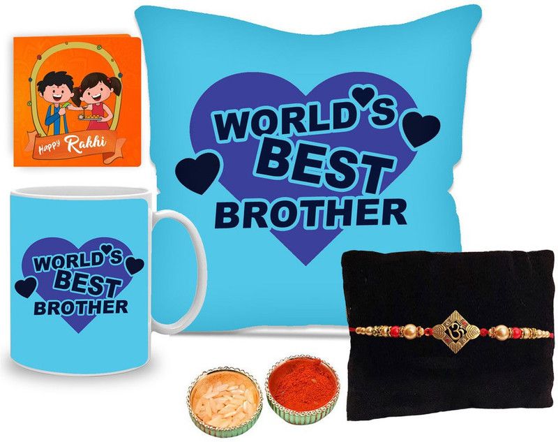 Cushion, Mug, Rakhi, Greeting Card Set  (1 rakhi, 1 mug, 1 cushion, 1 roli, chawal, 1 greeting card)
