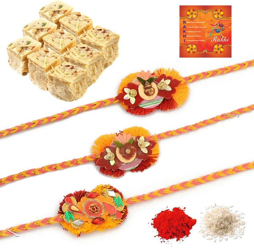 Chawal Roli Pack Set  (Rajasthani SoanPapdi 450Gm:: 2 Mauli Rakhis::1 Pack Roli:: 1 Pack Rice:: 1 Greeting Card)
