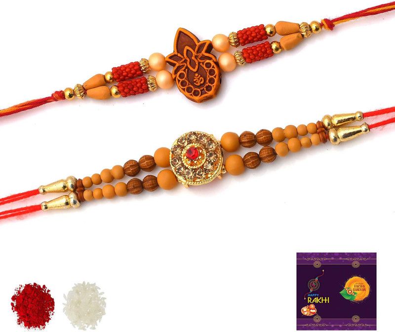 Rakhi, Chawal Roli Pack, Greeting Card Set  (2 Rakhi with Free Roli, chawal and Greeting Card)