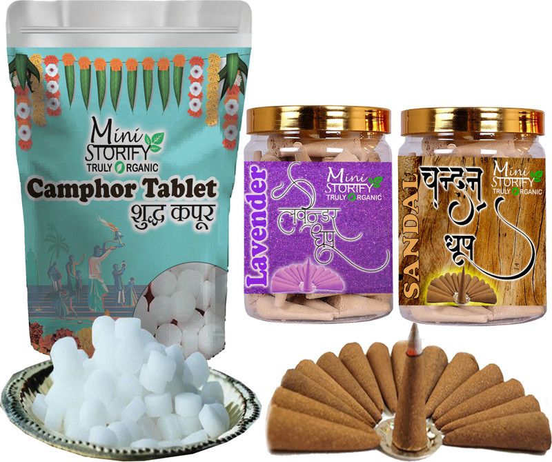 Mini Storify Truly Organic Camphor tablet 100gm,Sandle dhoop Cone 70pc,Lavender dhoop Cone 70pc (Pack-3) Dhoop  (Pack of 3)