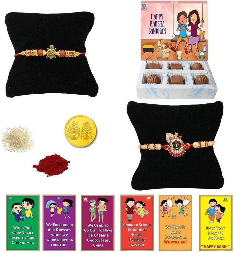 Chawal Roli Pack, Greeting Card, Rakhi, Coins Set  (6 chocolate box, 2 rakhi, roli chawal, gold coin, story card)