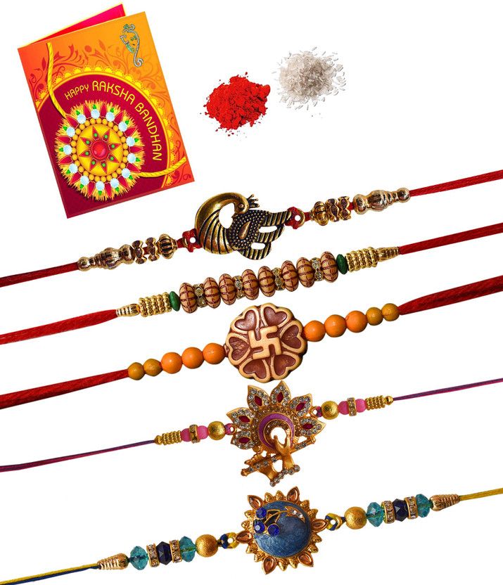 Chawal Roli Pack, Rakhi, Greeting Card Set  (1 Roli & chawal, 1 Greeting Card, 5 rakhi)