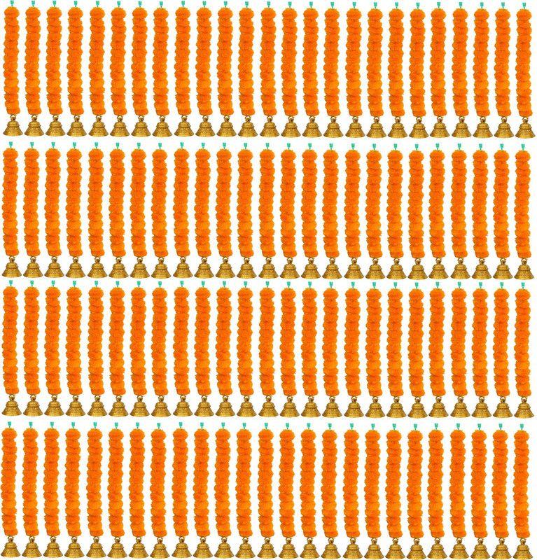 iHandikart Marigold Artificial Fluffy Mini Garlands with Bell, Colour Orange Plastic Garland  (Multicolor)