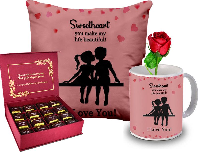 Midiron Valentine’s Day Gift Pack|Romantic Gift (Mug, Cushion, Rose,Chocolate) Ceramic, Microfibre Gift Box  (Multicolor)
