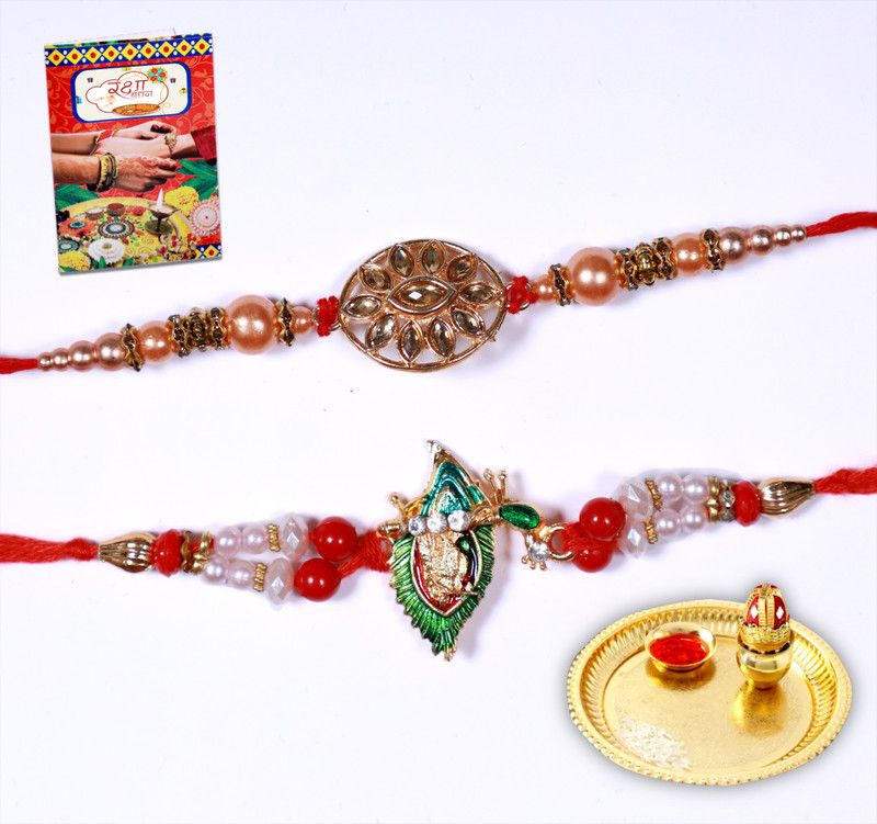 Rakhi, Chawal Roli Pack, Greeting Card Set  (2 Rakhi, 1 Card, 1 Roli Chawal Set)