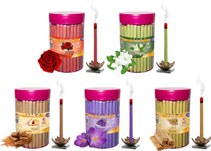 Shankh Rose, Mogra, Panchvati, Lavender & Sandal (Chandan) Dhoop Stick (Incense Stick) Pack of 500 gram (100 + 100 + 100 + 100 + 100) Fragrances Rose, Mogra, Panchvati, Lavender, Sandal (Chandan)  (100, Set of 5)