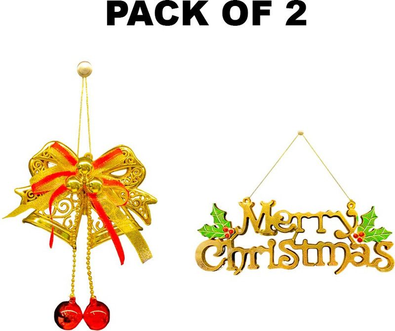 OSPS Golden Ribbon Bells with Small Golden M C Hanging Ornaments Pack of 2