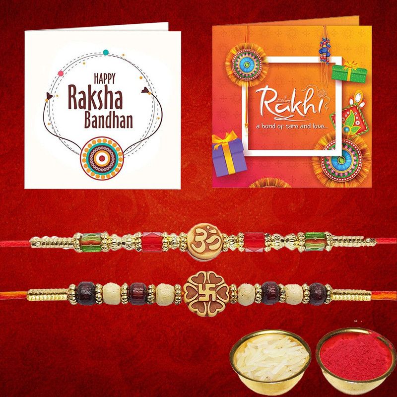 Rakhi, Greeting Card, Chawal Roli Pack Set  (2 Rakhi, 2 Greeting card, Roli & Rice for Tilak)
