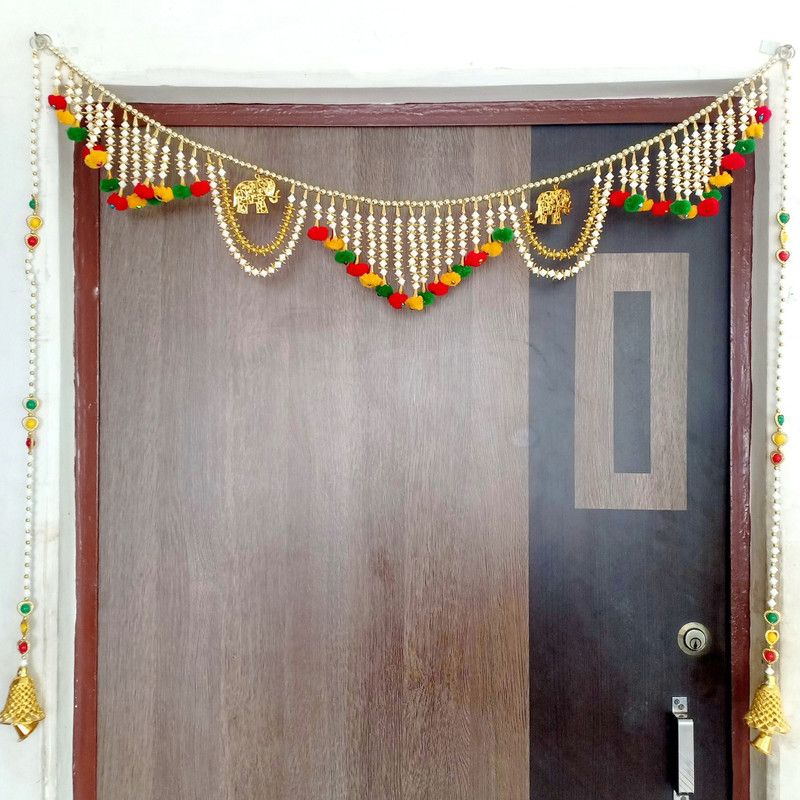 P A HEALTH AND FITNESS Stylish White-Golden Jhumar&Elephant Main Gate Toran/ Toranam Set Home[3ft] Toran  (Cotton Thread)