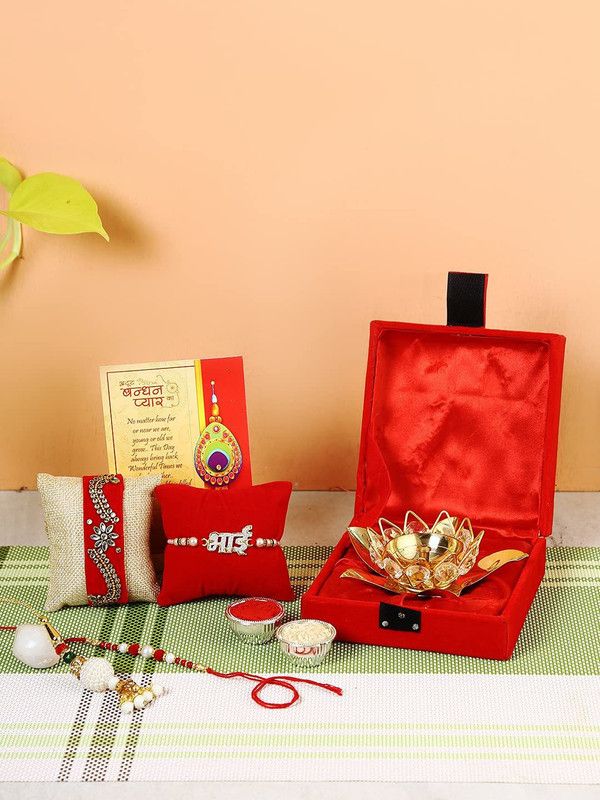 Rakhi, Chawal Roli Pack, Diya Set  (Rakhi Set Combo for Brother Bhabhi and Kids with Crystal Diya)
