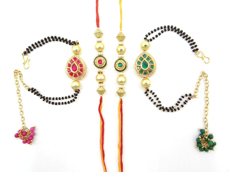 Lumba, Rakhi, Bracelet, Rakhi, Chawal Roli Pack Set  (2 Rakhi for Bhabhi, 2 Rakhi for Bhaiya, Roli Chawal)