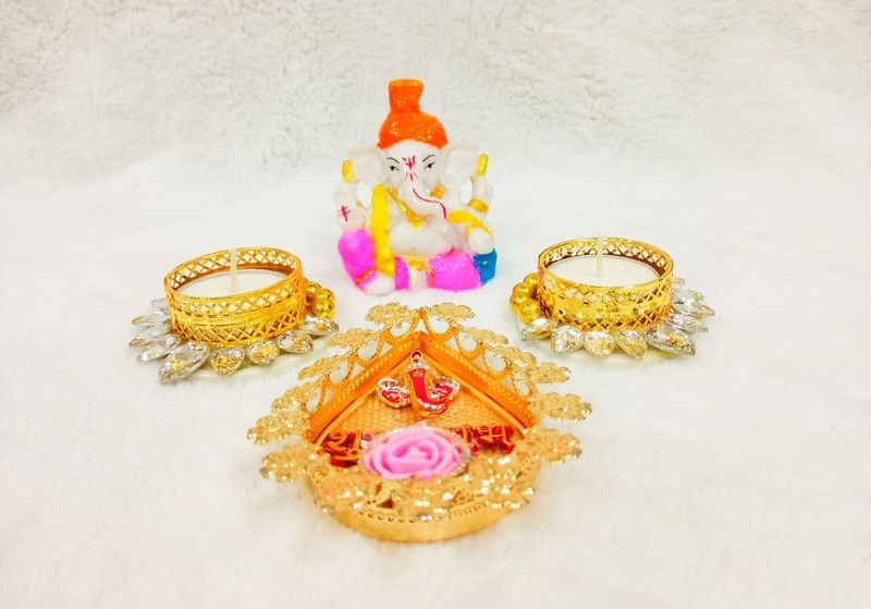 Style My Home Decorated Metal Pooja Thali Set | Ganesh Ji Idol Statue |Candle Holder Brass  (3 Pieces, Multicolor)