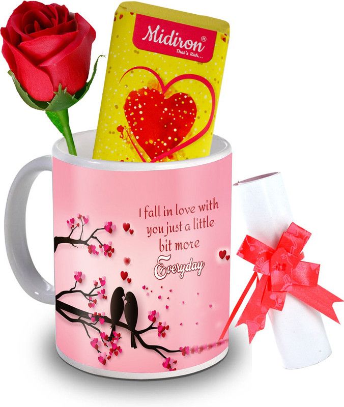 Midiron ILU Chocolate Bar with love letter and love quoted coffee mug, Artificial Rose, Romantic Valentine gift for girlfriend, wife, lover IZ20DTLoveBar2RoseLC-188 Ceramic Gift Box  (Multicolor)