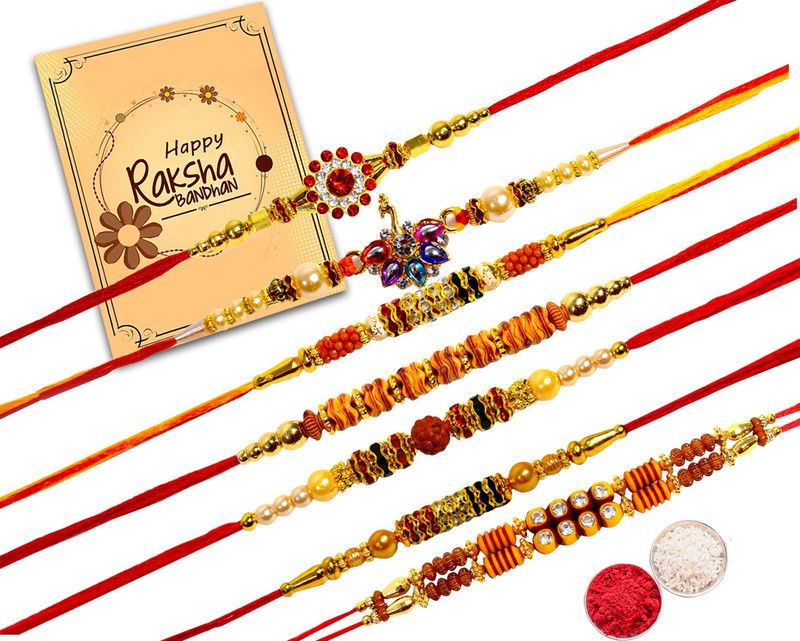 Rakhi, Greeting Card Set  (7 Designer rakhi with roli Pack, 1 Greeting Card)