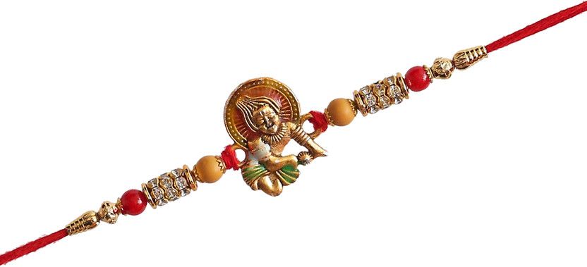 Rakhi Set  (Designer golden bal karisha plated with red beads)