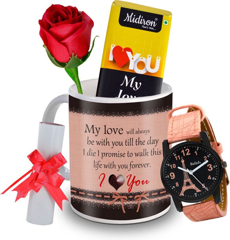 Midiron I Love You My Love Chocolate Bar with Artificial Rose, and Beautiful Watch, Love Letter, Coffee Mug, Gift for Valentine Day, Birthday, and Anniversary for Wife, Girlfriend, Fiance IZ20DTLoveBar6RoseLCWatF1MU-181 Ceramic Gift Box  (Multicolor)