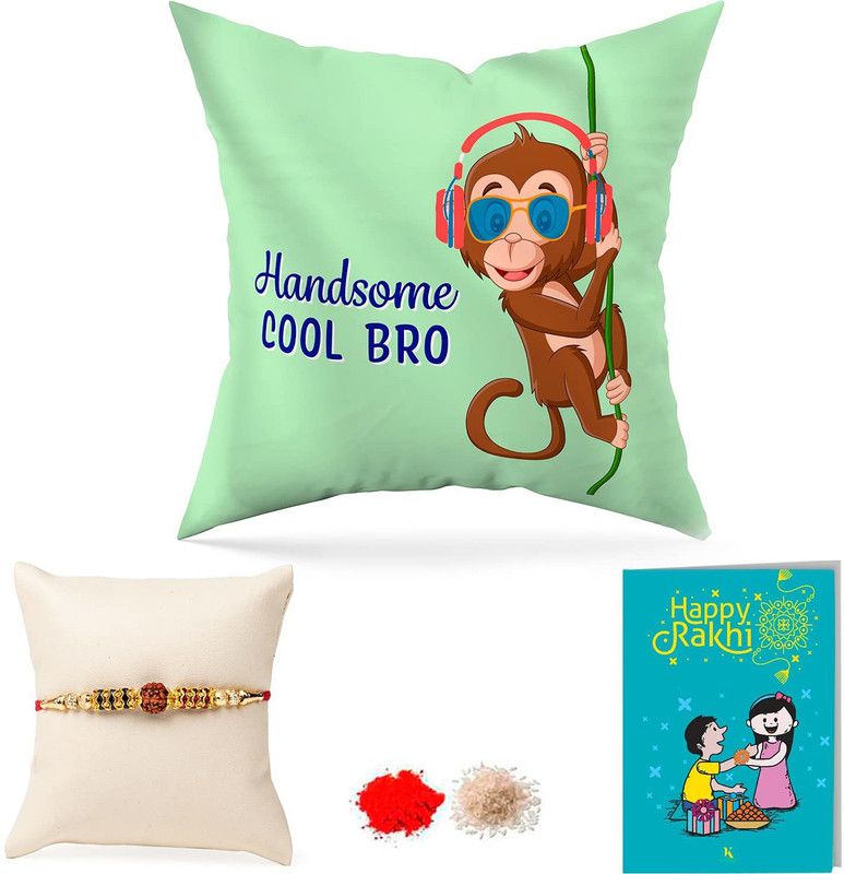 Cushion, Rakhi, Chawal Roli Pack, Greeting Card Set  (1 Cushion Cover, 1 Filler, 1 Rakhi, 1 Roli Chawal Packet, 1 Greeting Card)