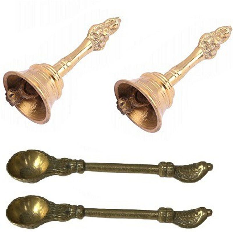 Adhvik Combo Of 2 Pcs Nagpari Head Pooja Puja ( 1 No ) Bell Ghanti With 2 Pcs Heavy Brass Naag Design Spoon For Puja Purpose Brass  (Gold)