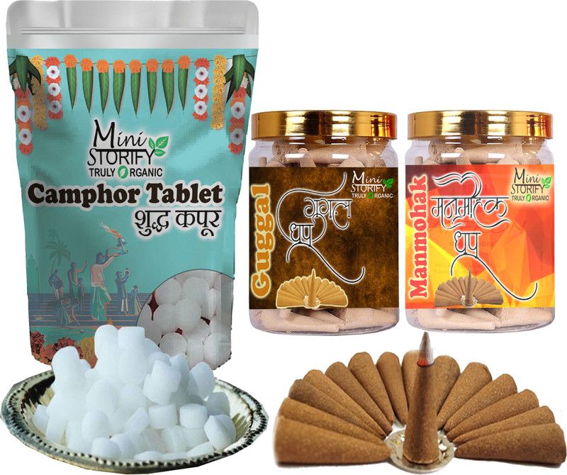 Mini Storify Truly Organic Camphor tablet 100gm,Manmohak dhoop Cone 70pc,Gugle dhoop Cone 70pc (Pack-3)3 Dhoop  (Pack of 3)