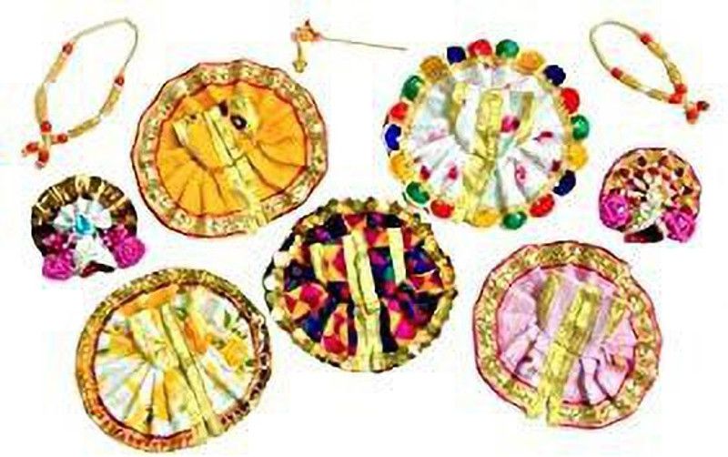 MountAlps AV Creations Multi Coloured Laddu Gopal Ji, Kanha Ji/ Thakur Ji Dress, made of Cotton Cloth, Combo of a total 10 items (5 Poshak, 2 Mukut, 2 Mala 1 Bansuri of Gopal ji Idol), Dress Diameter: 14 Inch, (Idol Size 7) Dress  (Cotton)