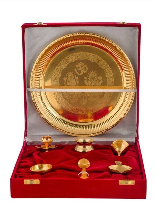 HK Gauri Singari Gold aluminium pooja thali set luxury velvet box packing,0123 Aluminium  (Gold)