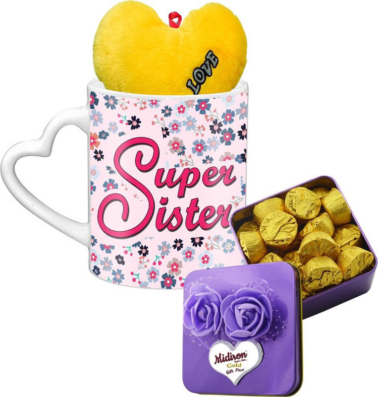 Midiron Lovely Gifts For Sister, Luxury Chocolate Bar With Printed Ceramic Mug and Yellow Heart, Gifts on her Birthday, Rakhi, Rakshabandhan, Anniversary and any other Occasion IZ19Choco15TinBox3PurHeartMUYH-DTSister-06 Ceramic Gift Box  (Multicolor)