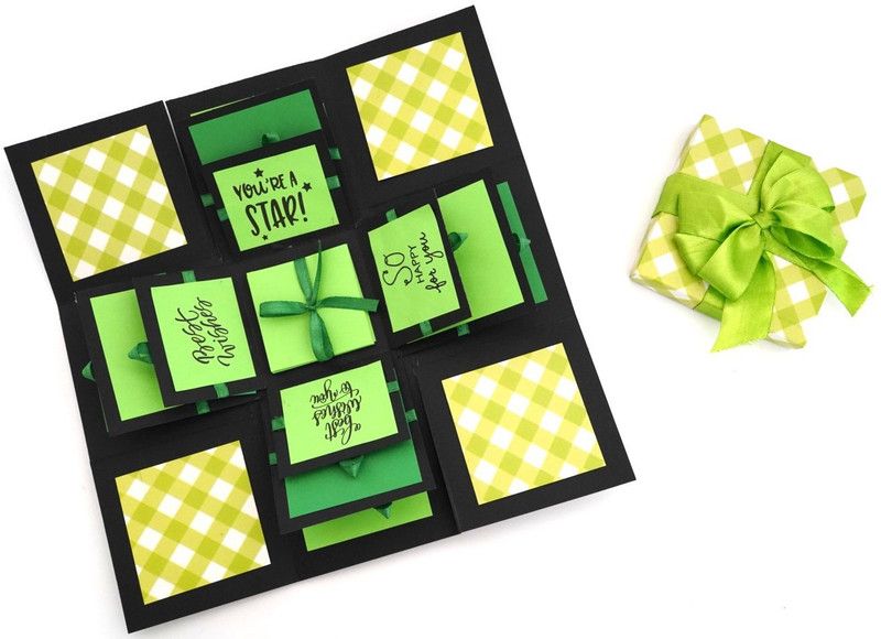 Crack of Dawn Crafts Happy Wishes Explosive Box - Green Checks Greeting Card  (Green,White,Black, Pack of 1)