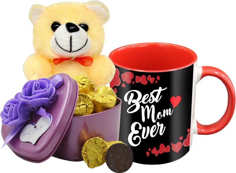 Midiron Lovely Gifts For Mother, Dark Chocolate Bar, Ceramic Mug with Cream Teddy IZ19Choco15TinBox4PurMUrTCr-STMother-01 Ceramic, Silk Gift Box  (Multicolor)