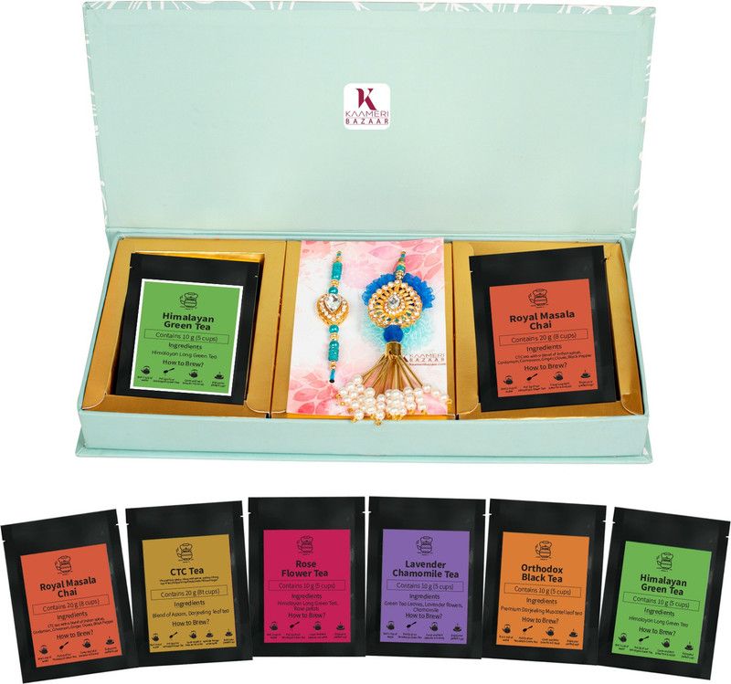 Rakhi, Chawal Roli Pack, Greeting Card Set  (6 Tea Packet, 1 Bhaiya Bhabhi Rakhi, 1 Chawal Roli Packet, 1 Greeting Card)