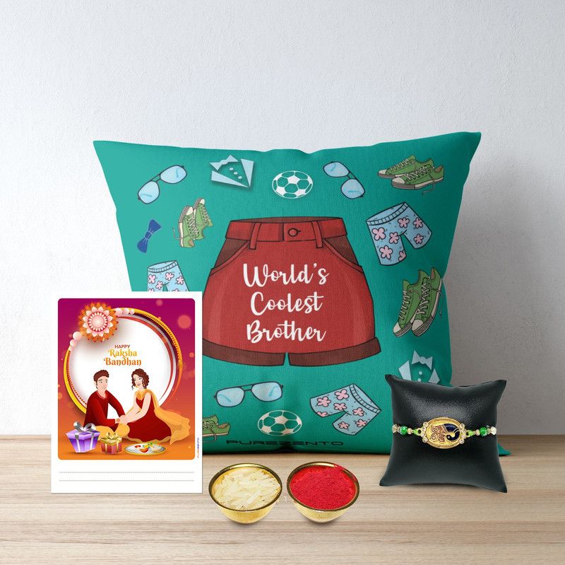 Rakhi, Cushion, Greeting Card, Chawal Roli Pack Set  (1 Rakhi, 1 Cushion, 1 Greeting Card, 1 Roli/ Chawal/Misri)