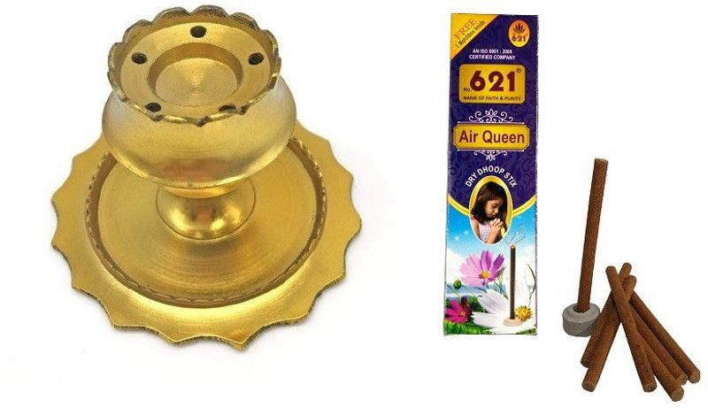 Adhvik Combo Of Incense Stick Holder ( No 1 Small Size) With (10 Dry Dhoop Sticks Each Box) Scented/fragrances Dry Dhoop Batti Sticks For Puja Purpose Brass  (Gold)