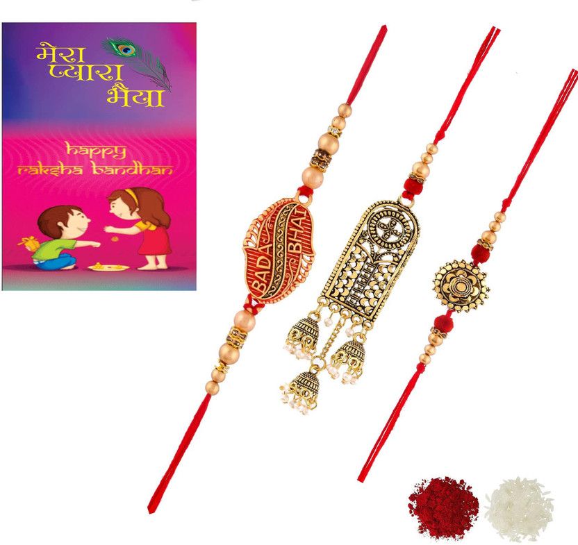 Rakhi, Greeting Card Set  (2 rakhi set with roli and chawal and greeting card)