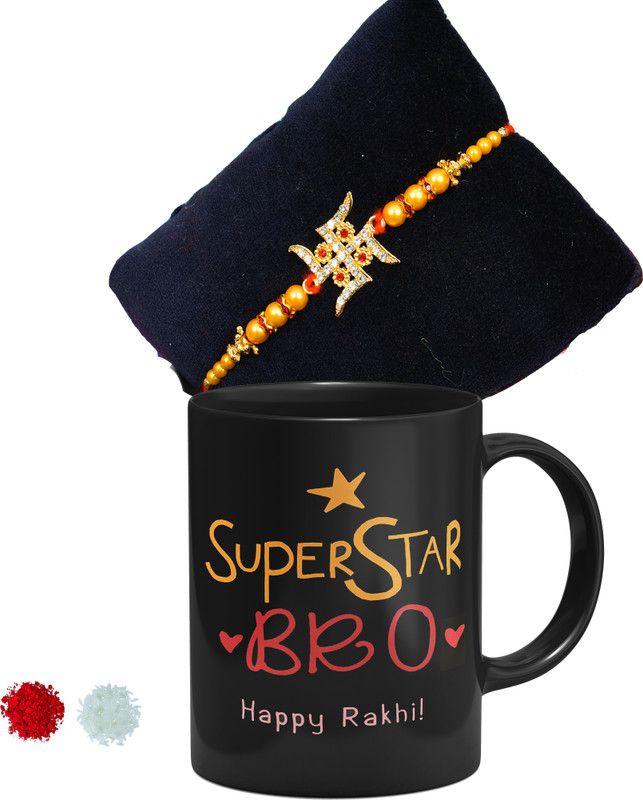 Rakhi, Chawal Roli Pack, Mug Set  (1 Rakhi || 1 Super Star Bro Happy Rakhi Printed Mug || 1 Roli Chawal Pack)