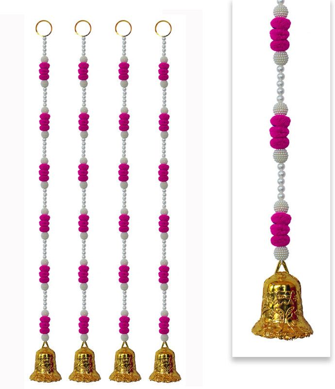 iHandikart Door Hanging Strings with beads, pom pom & Bell,Color Pink (75003-A-4) Plastic Garland  (Pink)