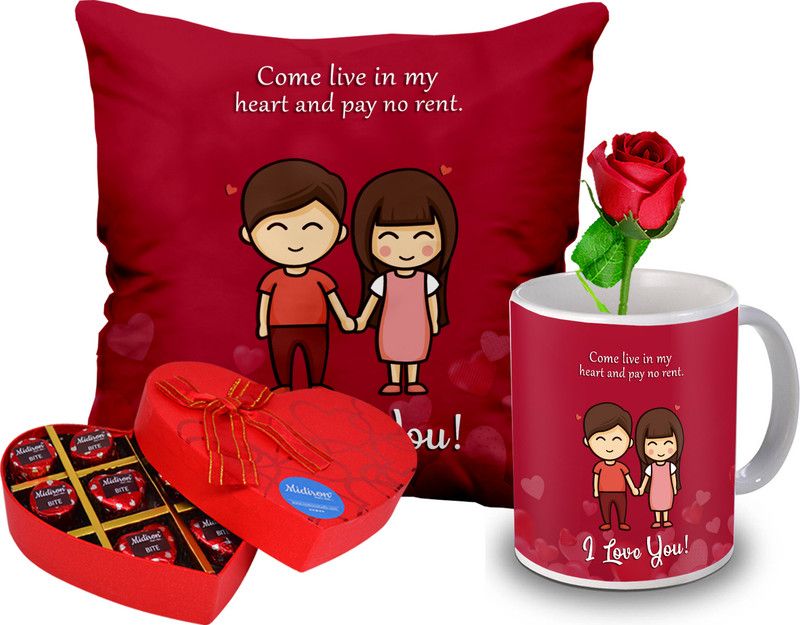 Midiron Valentine Day Special Gift Combo For Wife (Mug, Chocolate, Cushion, Rose) Ceramic, Microfibre Gift Box  (Multicolor)