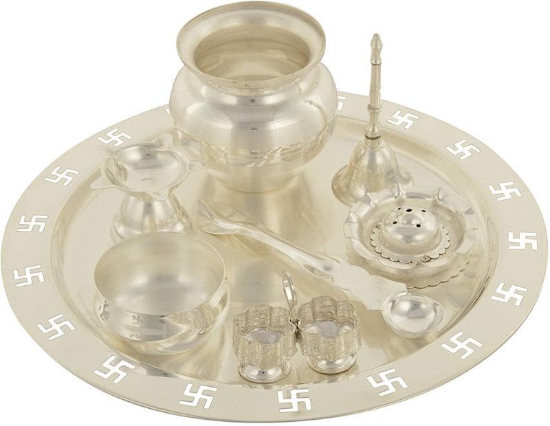 ARYA SILVER PLATED Swastik Puja Thali With One Year Warranty Against Blackening & Damage Silver Plated  (8 Pieces, Silver)