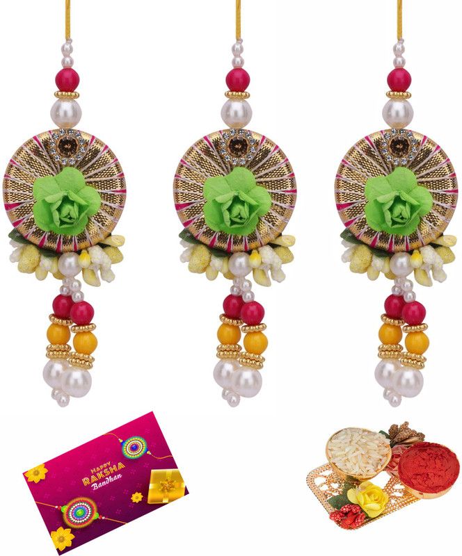 Rakhi, Greeting Card Set  (3 Designer lumba chuda Rakhi, Roli Chawal Tilak Pack, 1 Greeting Card)