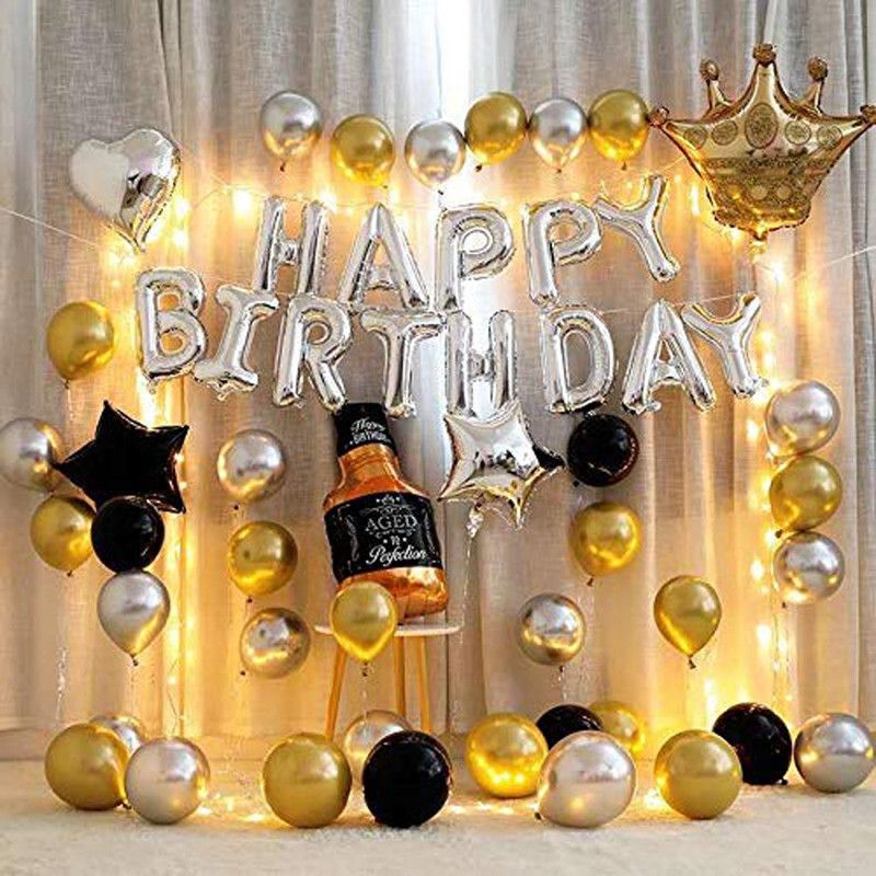 PARTY HARD Solid Party Hard Happy Birthday Silver Foil +1 Pc Botel Foil + 35 Balloons Balloon  (Silver, Pack of 51)