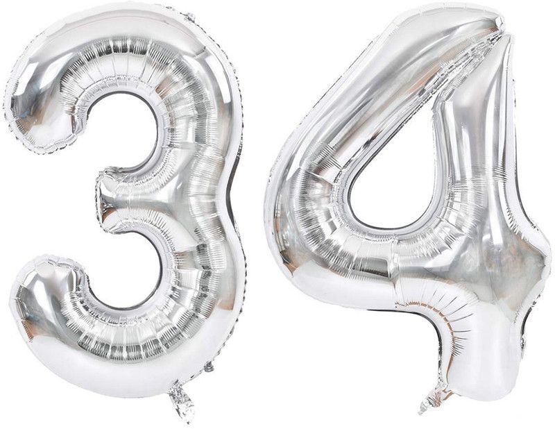 JMO27Deals Solid 34 Number foil Balloon for Birthday Party Decoration/Birthday suppliers Letter Balloon  (Silver, Pack of 2)