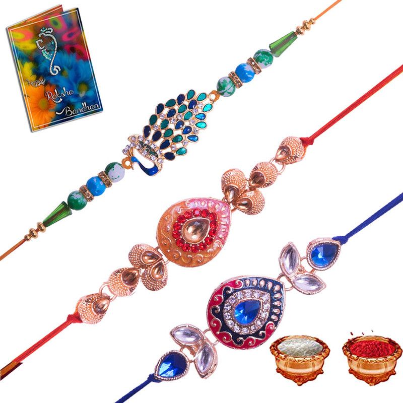 Rakhi Set  (3 Rakhi 1Roli Chawal 1 Greeting Card)