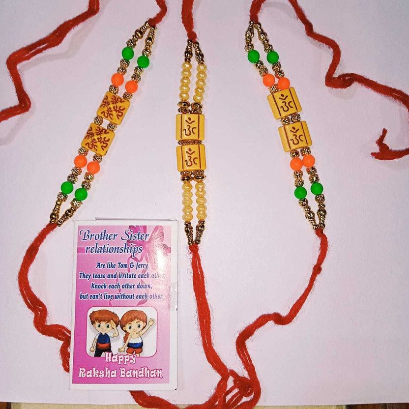 Rakhi, Chawal Roli Pack, Greeting Card Set  (3 rakhi, 1 card, roli chawal)