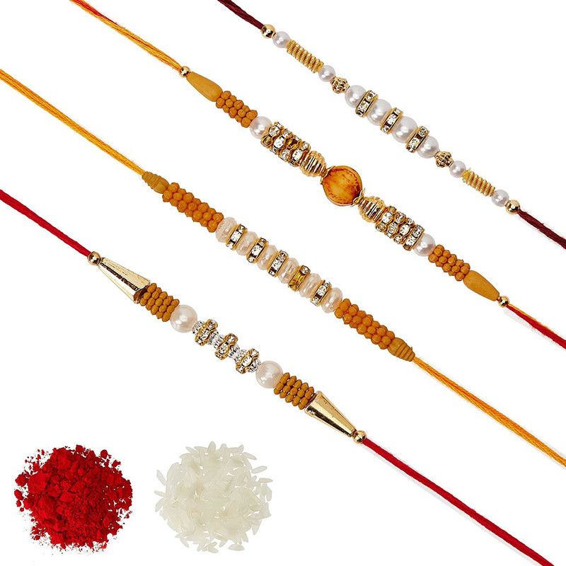 Greeting Card, Chawal Roli Pack, Rakhi Set  (4 Disigner Rakhi Combo for Brother,1 Roli 1 Chawal Tilak Pack, 1 Greeting Card)