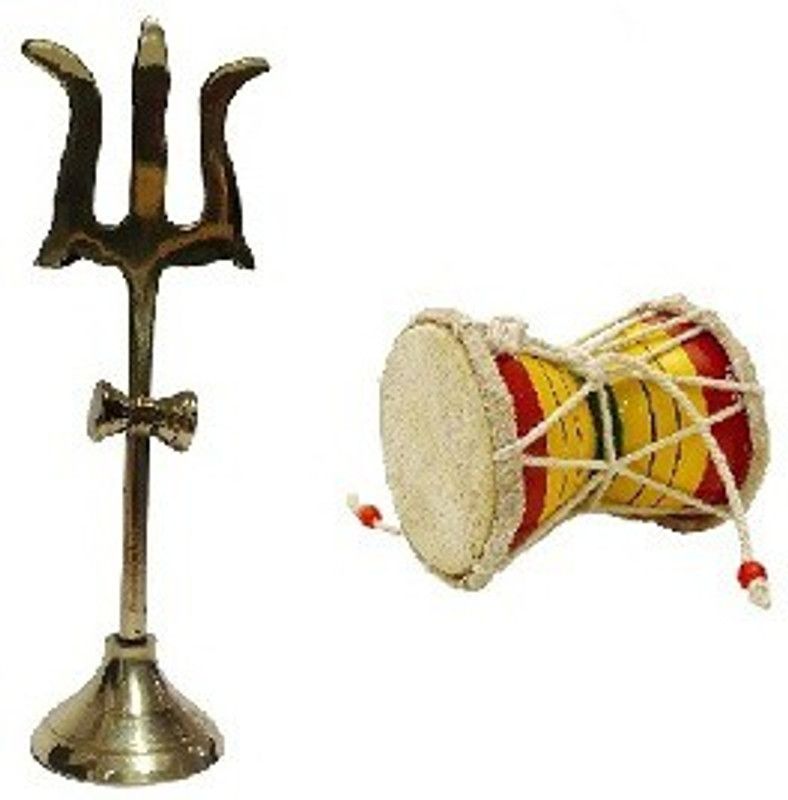 Adhvik Set Of Trishul ( 1 No ) Statue With Round Stand With Square Stand And Hand Hammered (No 1) Wooden Damaru For Puja Purpose Brass  (Gold)