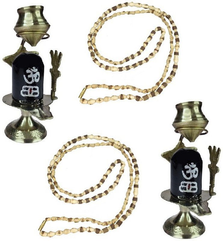 Adhvik Combo Of 2 Pcs Brass ( No 1 ) Small Size Black Shiva Ling Statue For With 2 pcs Original 38 Cm Long Tulsi Kanthi Mala Brass  (Gold)