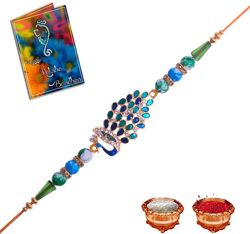 RADHKESHAVRANI Rakhi, Greeting Card, Chawal Roli Pack  (1 Rakhi with Roli, Chawal, 1 Greeting Card)
