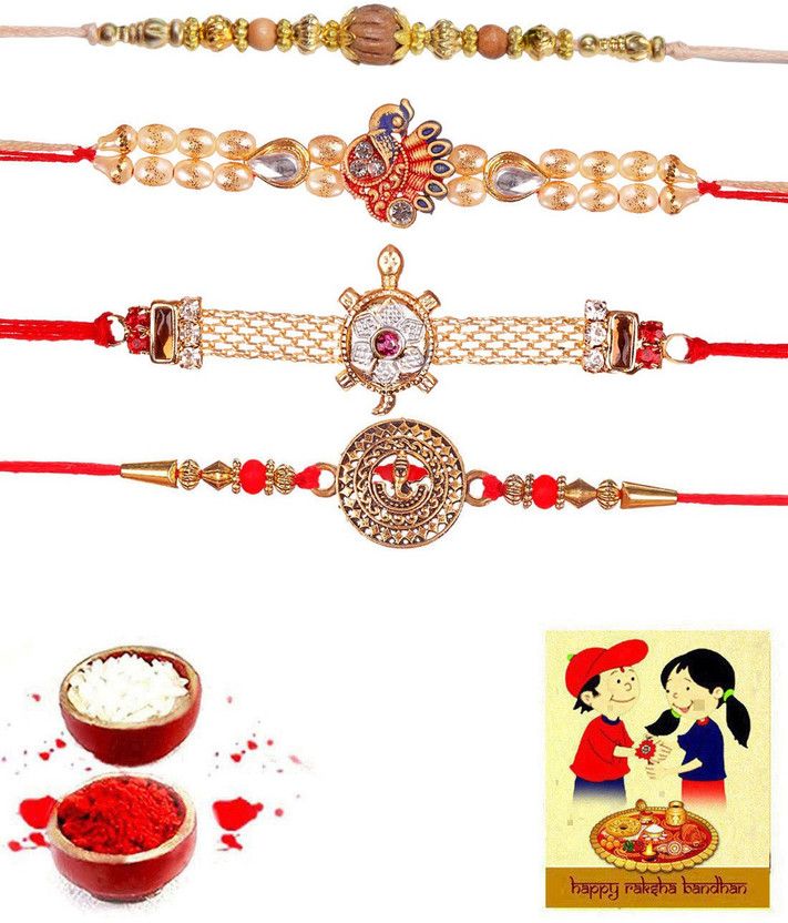 Rakhi, Chawal Roli Pack, Greeting Card Set  (4 Rakhi, 1 Best Wishes Greeting Card, 1 roli and 1 chawal pack)