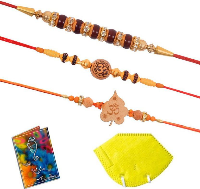 Mask, Chawal Roli Pack, Rakhi, Greeting Card Set  (3 Rakhi 1 Mask Roli Chawal Greeting Card)